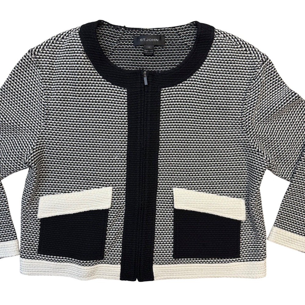 St. John Collection Jacket Size 10 Black White Textured Knit Zip Front‎ Sweater